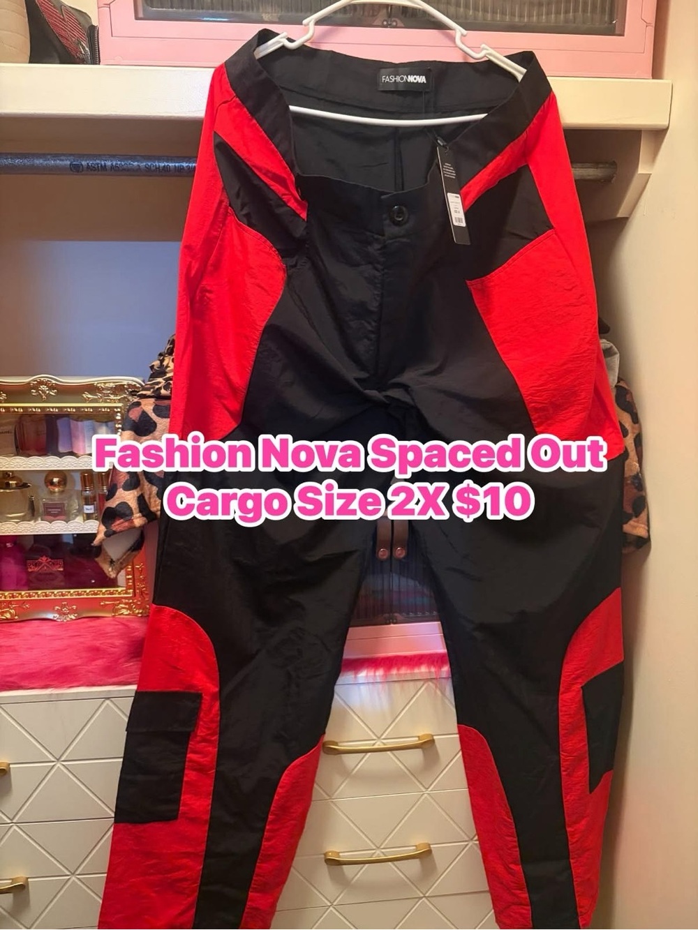Fashion Nova Red and Black Colorblock Cargo Joggers